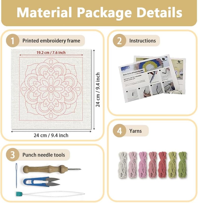DOODLREAM Mandala Flower DIY Punch Needle Embroidery Kit for Adult Beginner, 9.4" Geometric Pink Floral Punch Stitching Craft Set for Starter with Frame, Fabric Pattern, Threader, Yarn, Pinch Needle - Image 2
